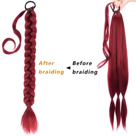 Gledola Long Braided Ponytail Extension 30 Inch Pre stretched Braiding Hair Extensions DIY Braid Ponytail Synthetic Hair Piece (Burgundy, 30 inches)