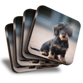 Destination Vinyl ltd Great Coasters (Set of 4) Square - Wire Haired Dachshund Puppy Drink Glossy Coasters/Tabletop Protection for Any Table Type #2730