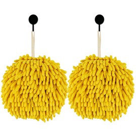 MEET WANT Fuzzy Ball Hand Towel，Two Hanging Hand Towels for Bathroom，Chenille Quick Dry Hand Towels,Strong Absorbent and Quick Drying, Suitable for Kitchen Bathroom (Lemon Yellow)
