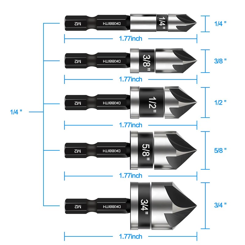 Countersink Drill Bit Set 5-Piece, M2 HSS, 82 Degree, 5