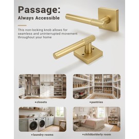 1 Pack Door Handle Golden Champagne Finish, Modern Knurled Design Door Knob,Interior Passage Lever for Left Right Sided Doors, Keyless Closet Hallway Silent Door Handles No Locking