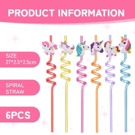 KEWUF Pack of 6 Unicorn Children's Straws, Curly Party Straws, Reusable Straws, Unicorn Drinking Straws for Children's Birthday Party Decoration, Accessories, Family Reunions, Party Gifts