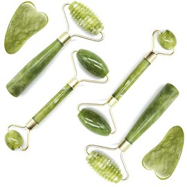 TIHOOD 6PCS Massage Tools Kits, 4 PCS Jade Roller Facial Ridged Roller Kits Skin Roller with 2 Pieces Scraping Massage Tools Anti Aging and Wrinkles f