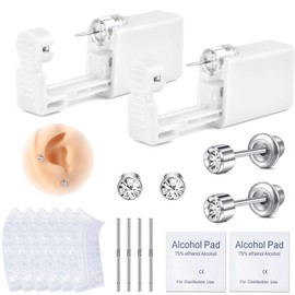 DJCIW 2 Pcs Ear Piercing Kit, Disposable Ear Piercing Gun with Cubic Zirconia Stud, at Home Self Ear Piercer Kit -3MM Earrings Stud