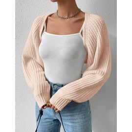 SECRETEYARD Women's Long Sleeve Open Front Knitted Crop Cardigan Drop Shoulder Knit Bolero Shrug Sweater Pink White