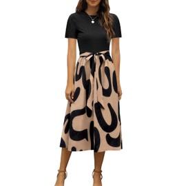 Zattcas Women 2025 Summer Dresses Short Sleeve Ribbed Teacher Church Modest Business Casual Work Outfits Midi Dress with Pockets Blackcc M