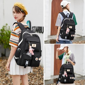 Laptop Backpacks 15.6 Inch College Backpack Elementary Middle High School Bag Large Cute Bookbags Anti Theft Travel Back Pack Casual Daypack Kids Book Bag for Teens Girls Women Students (Black)