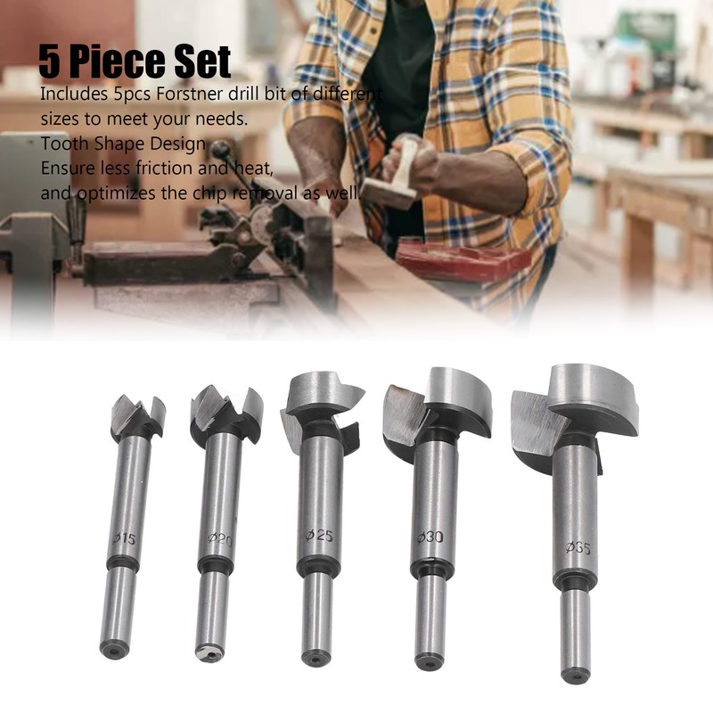5Pcs Forstner Drill Bit Round Shank 15mm 20mm 25mm 30mm