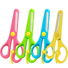 FASALX 4Pcs Preschool Training Scissors, Classic Style, Safety Scissors, Ambidextrous, Stainless Steel & ABS Material, Yellow, Blue, Green, Red