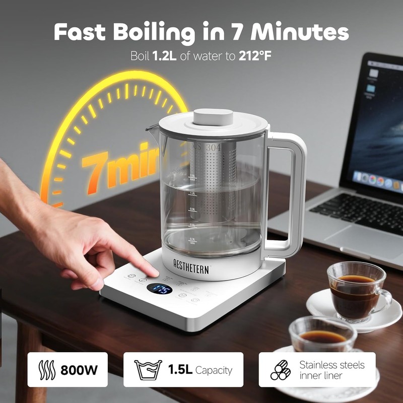 Electric Tea Kettle with Infuser, 1.5L Glass Water Boiler with