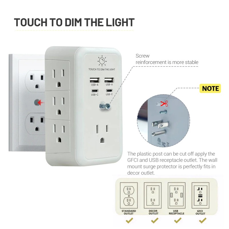 Multi Socket Wall Socket With 7 AC Outlets, ETL Certified