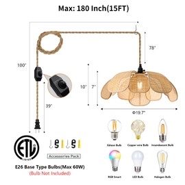 ALAISLYC Boho Flower Chandeliers for Dining Room Farmhouse Rattan Pendant Lights Girl Chandelier Hand Woven Bedroom Light Fixture Dimmable Plug in Hanging Lamp for Kitchen Island