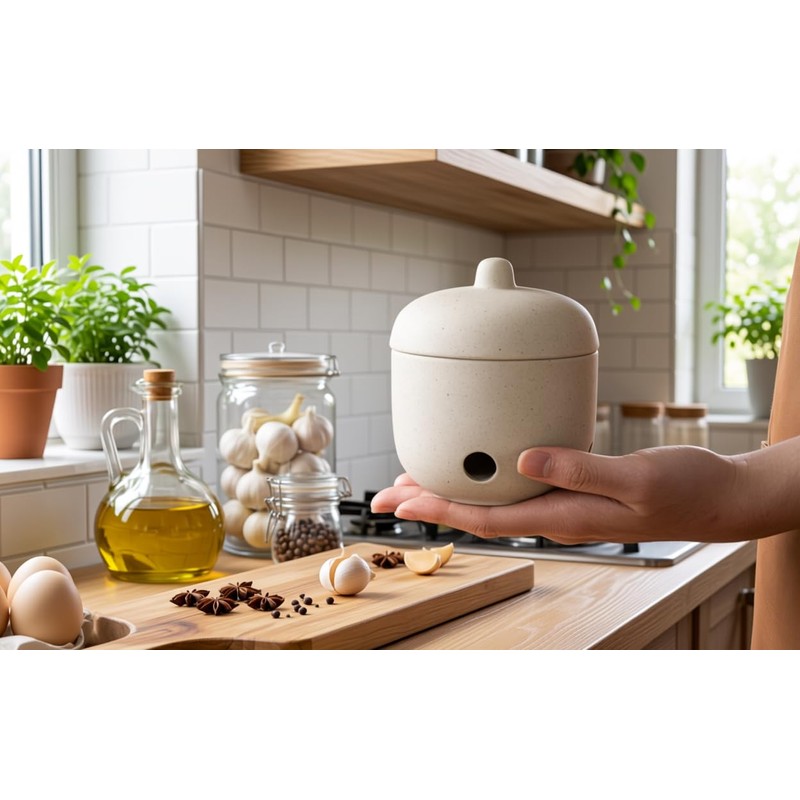 Ceramic Garlic Keeper,Garlic Storage with Lid,Garlic Holder,Beige,Small