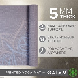 Gaiam Yoga Mat - 5mm Thick Yoga Mat - Non-Slip Exercise Mat for All Types of Yoga, Pilates & Floor Workouts - Textured Grip, Cushioned Support, Variety of Designs (24 x 68 inches long), Dusty Purple Point