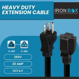 IronBox Electric - NEMA 6-20 Extension Cord - 12/3 SJT Jacket, 20A, 250V Cord - Compatible with Any Generator Equipped with a 6-20 Receptacle - Heavy Duty Extension Cable(Molded, 3 Foot)