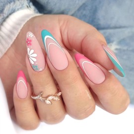French Tip Press on Nails Medium Almond Fake Nails Natte Acrylic Nails with Flowers Artificial Nails Blue Pink Nail Tip False Nails Full Cover Stick on Nails for Women Manicure 24Pcs
