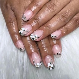 Light Pink Press on Nails Square Medium Fake Nails,French Tip Glossy Flower False Nails with Design Full Cover Stick on Nails Acrylic Artificial Nails Glue on Nails for Women Nail Art Decoration 24Pcs