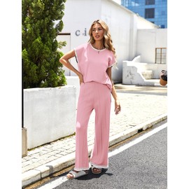 Ekouaer Womens Matching Sets Knit Sweater Sets 2 Pieces Outfits Pullover Tops Wide Legs Pants Lounge Set Pink