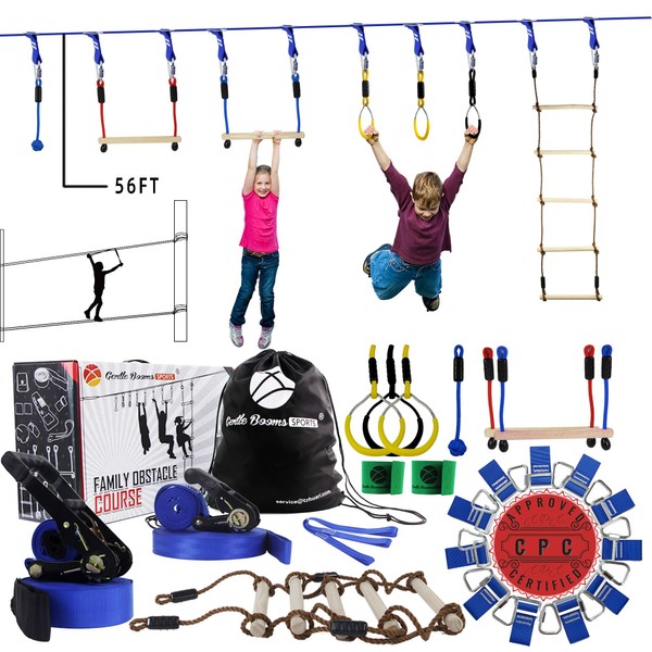 Ninja Warrior Line Obstacle Course for Kids Outside Toys -2×56ft Slackline Ninja Kit Line, Hanging Activities Accessories - Monkey Bar, Rope Ladder for Backyard Tree Training Equipment Outdoor Play