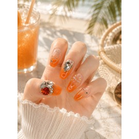 Coral Glitter Handmade Nail Tips - Almond S / 코랄 글리터 수제네일팁 - 아몬드S