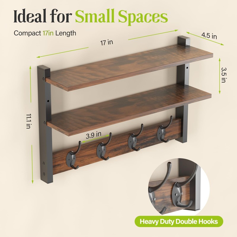 Orapoke Two-Tier Wall Shelf with Hooks, 17" Coat Rack Wall