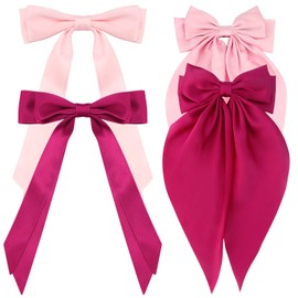 Atoden Pink Hair Bows 4Pcs Silky Satin Hair Ribbons Cute Coquette Bows Oversized Long Tail Bow Hair Barrettes Metal Clips Big Bowknot Hair Accessories for Women Teen Girl Gifts Trendy Stuff