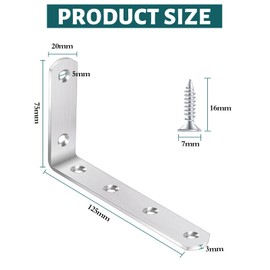 Yeepeo Pack of 4 Shelf Brackets 125 x 75 mm, Stainless Steel Angle Metal Angle 90 Degree L Shape Wall Bracket Shelf Wall Bracket with 24 Screws for Angle Shelf Wooden Furniture