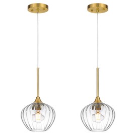 QianZhan 2Pack Glass Pendant Light, 7 Inch Modern Glass Pendant Light Fixture Brushed Gold Ceiling Hanging Lighting for Kitchen Island Dining Room Bathroom Bar Restaurant