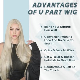 RUNATURE U Part Human Hair Wig, Real Natural Hair, Silky Straight, Short U Part Wig with Middle Cap, Brazilian Remy Hair Half Wigs, No Leave Out, 20 Inch 150% Density #60 Platinum Blonde