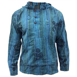 Shopoholic Fashion Mens Stonewashed Striped Hooded Grandad Shirt (3XL,Turquoise)