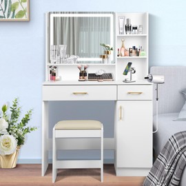 QUALIKRAFT Vanity Set - White Vanity Desk with Mirror, Lights, Drawers, Charging Station, Chair & Storage