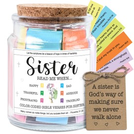 NewEleven Sister Birthday Gifts - Mothers Day Gift For Sister, Soul Sis, Sisters In Law - Sisters Gifts From Sister, Brother, Friend, Family - Decorative Glass Scripture Jar With 92 Bible Verse