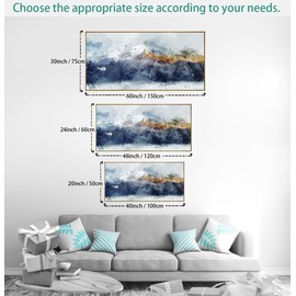 vgrozirh Framed Ready to Hang Wall Art Blue Clouds Yellow Mountain Peaks Indigo Ink Abstract Mountain Landscape Artwork Canvas Painting Prints for Living Room Bedroom Office Large Decor 24"x48"