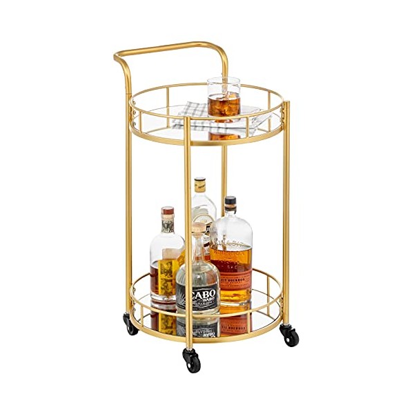 mDesign Metal Vintage Round Beverage Rolling Cart for Home - 2-Tier Serving Bar Trolley with Easy-Glide, Rotating Wheels, Built-in Handle, and Glass Shelves for Wine and Craft Beer - Soft Brass