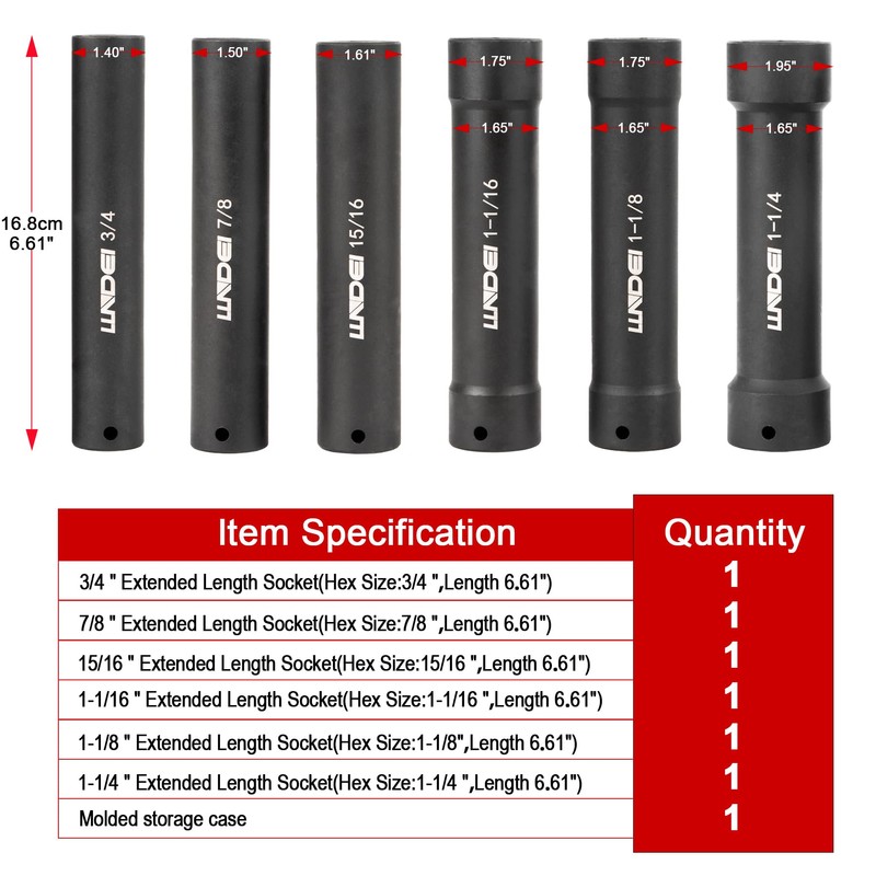 LLNDEI 1/2 Inch Drive Extended Length Impact Socket Set， 6PCS