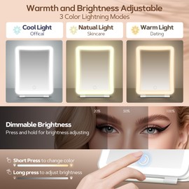 PEDOMIROR 3 in 1 20X/1X Travel Lighted Makeup Mirror with Magnification, Portable Magnifying Mirror with Rechargeable 1000mAh Battery, 3 Colors Dimmable Lighting LED Folding Cosmetic Vanity Mirror