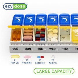 Ezy Dose - Organizador semanal de píldoras AM/PM (7 días), caja de vitaminas y medicamentos, grandes compartimentos emergentes, diseñado para viajes, 2 veces al día, tapas azules y amarillas