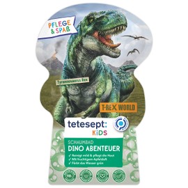 tetesept Kids Schaumbad Dino Abenteuer mit fruchtigem Apfelduft und pflegender Aloe Vera – dinostarker T-Rex-World Kinder Badespaß mit Badeschaum und grünem Wasser – 1 x 40 ml