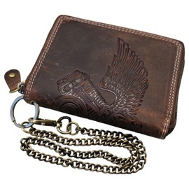 MDM Men's Biker Leather Wallet with Chain, Vintage, RFID Protection, Motor & Wing Design, 8 Card Slots, Coin Pocket, 13 x 10 x 2 cm, brown, biker