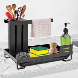 QGGTQG Sink Organiser with Drain Pan, Sink Organiser Sponge Tray Kitchen Sink Organiser for Kitchen Accessories Sponge Brush