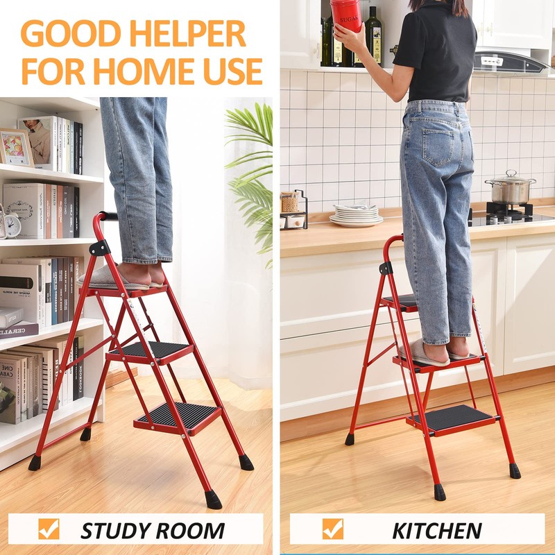 KINGRACK 3 Step Ladder, Folding Ladder with Non-Slip and Wide