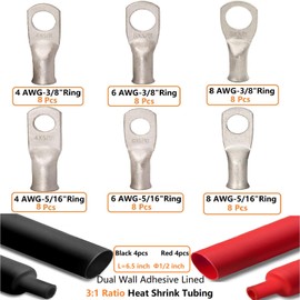 SVAAR 4 6 8 AWG Battery Cable Lug kit 56pcs Tinned Copper Battery Lugs Heavy Duty Wire Lugs with 5/16" or 3/8" Stud Battery Cable Closed End Tubular Ring Terminals Connectors with Heat Shrink Tubing.