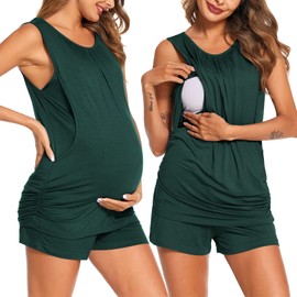 Ekouaer Nursing Pajamas for Women Breastfeeding Pajamas Shorts Set Round Neck Ruched Sides Sleeveless Top & Shorts Dark Green XXL