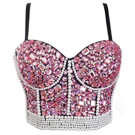 Woboren Women's Club Party Costom Cosplay Bra Crop Top Rhinestones Dismonds Pearls Corset Bustier with Detachable Straps