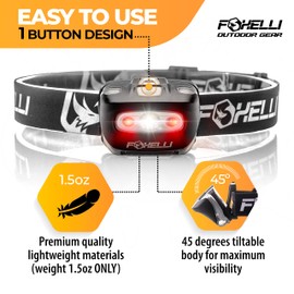 Foxelli LED Headlamp Flashlight for Adults & Kids, Running, Camping, Hiking Head Lamp with White & Red Light, Comfortable Headband, Lightweight & Waterproof, 3 AAA Batteries
