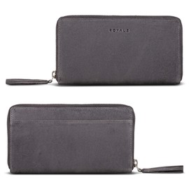ROYALZ 'Helena' Vintage Leather Purse Women's Large Zip Many Compartments Purse Women's RFID Protection Purse Women Leather, Navy grey, Vintage