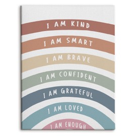 HRQKO Boho Inspirational I Am Kind Canvas Wall Art, Motivational Boho Rainbow Framed Art, Positive Affirmations Wall Decor for Kids Nursery Room Classroom Playroom, 11x14 inch