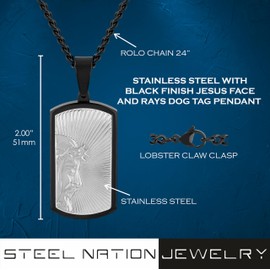 Stainless Steel Men's Dog Tag Pendant - Black Finish with Jesus Face & Rays, 24-Inch Rolo Chain