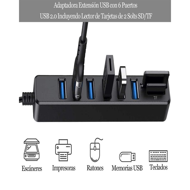 Hub USB 2.0, Multicontacto USB con 6 Puertos USB Incluyendo