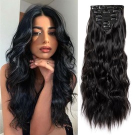 Clip in Hair Extensions for Women 6PCS Clip Ins Long Wavy Curly Hair Extension 22 Inch Synthetic Hair Extension Thick Hairpieces (Natural Black)